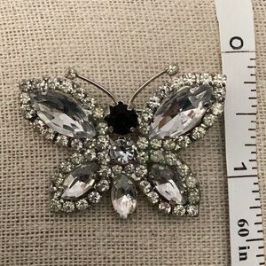 Silvertone Butterfly Brooch with Clear Stones unmarked 0308